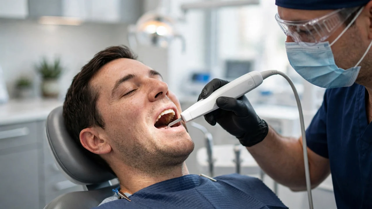 Medit i900 AI Features: Scan Assistance, Realtime Intelligence and AuraVue 2 A dentist scanning a patient's teeth with a slim intraoral scanner wand