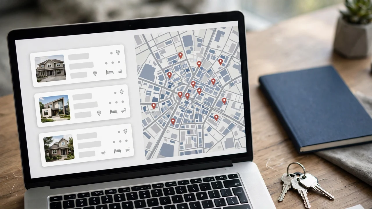 Property listings shown as cards and a map on a screen