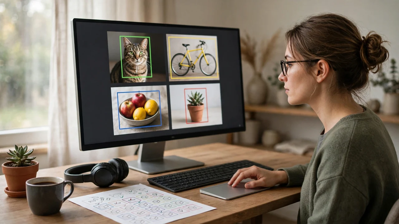 A focused data annotator labeling images at a workstation