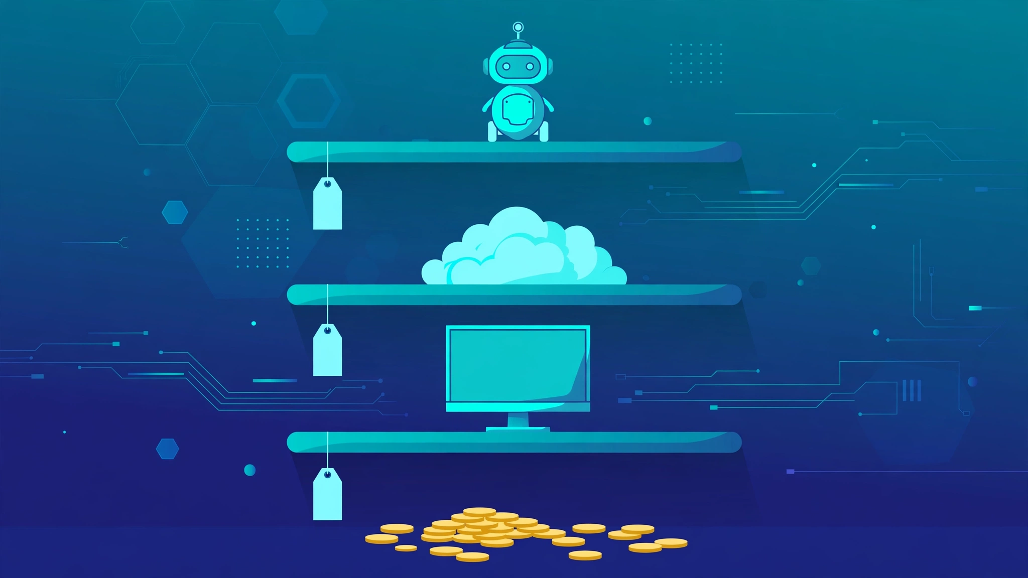 Price tags over three shelves holding a robot, a cloud and a screen