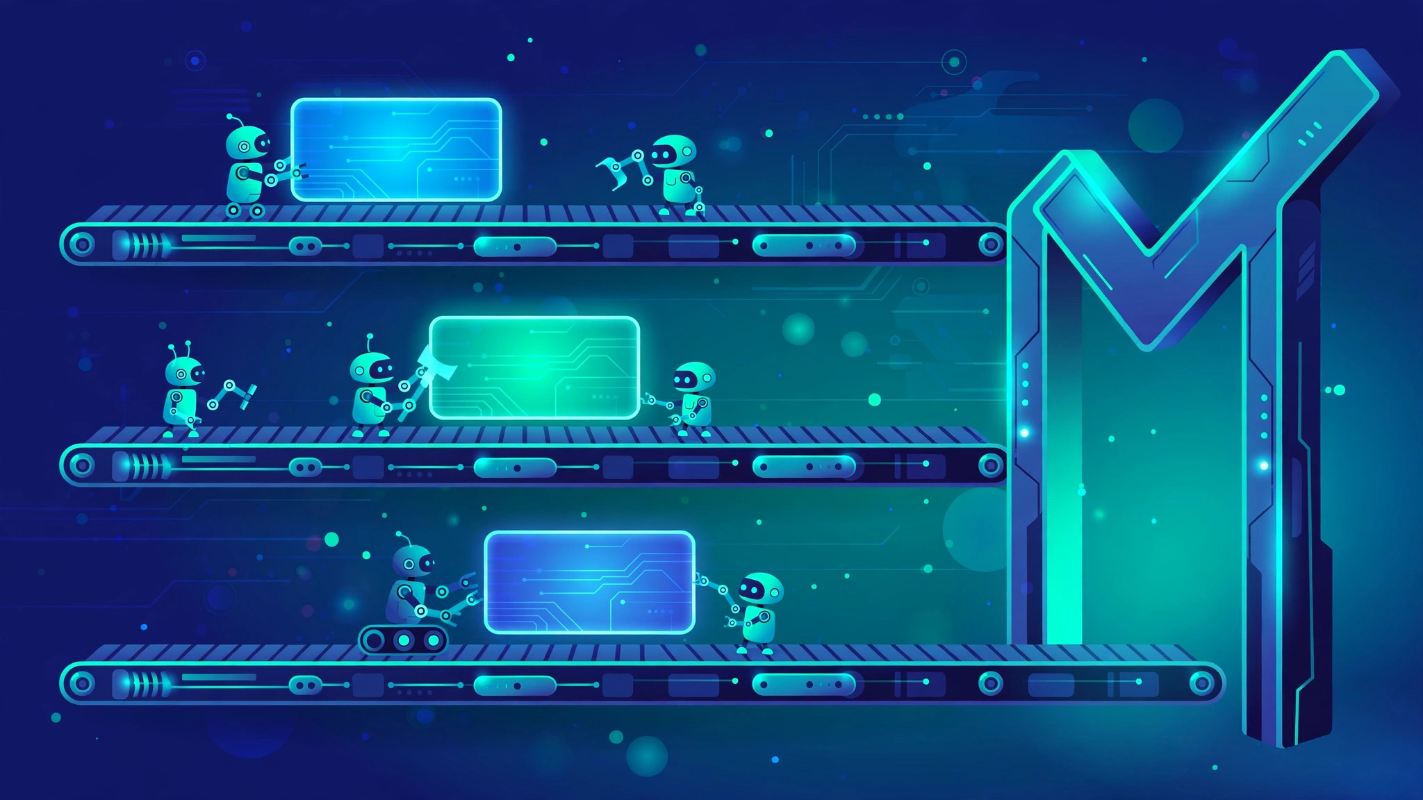 Three task lanes carrying work to a completion gate
