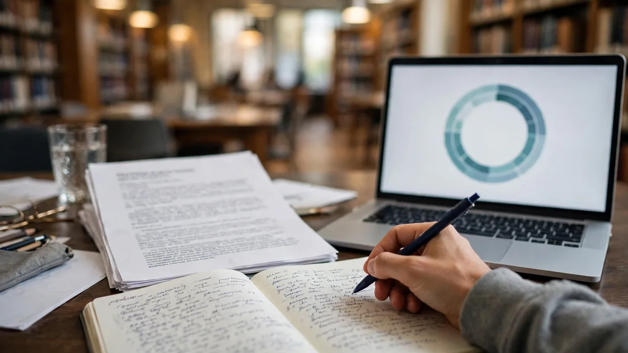 A Spanish academic essay on a desk with a laptop showing a detection score
