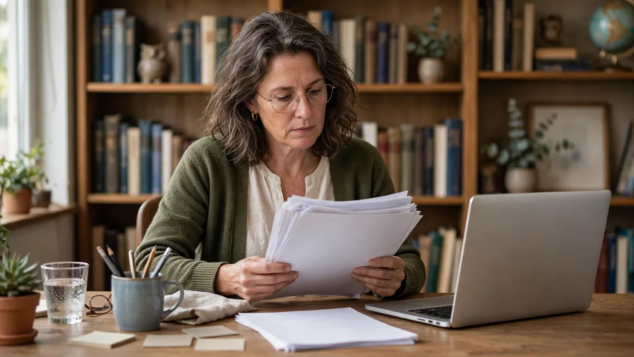 A university professor reviewing student essays at a desk with a laptop