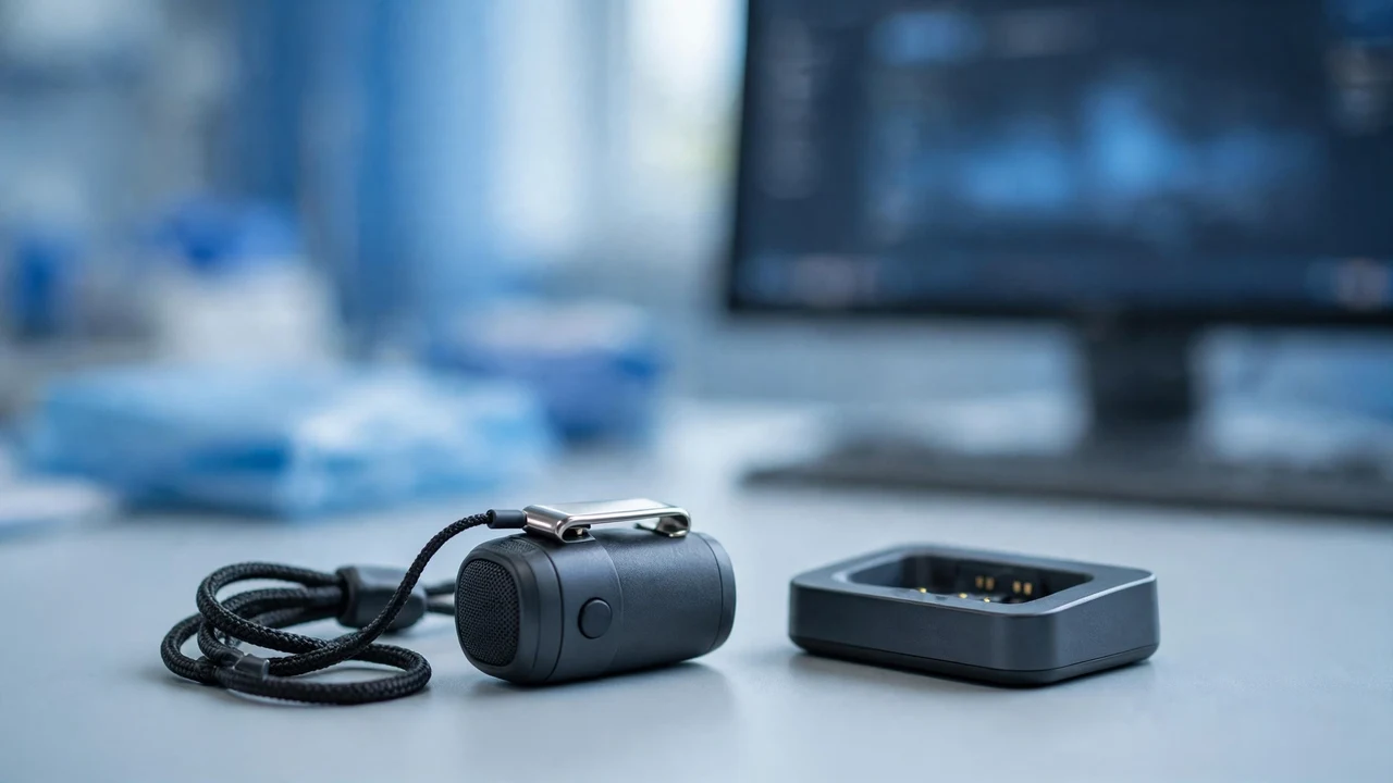A wearable dictation microphone with its neck strap beside a docking station on a desk