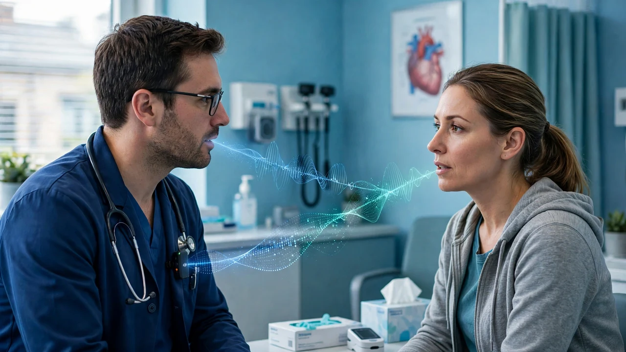 A doctor and patient talking while two separate sound streams flow toward a wearable microphone
