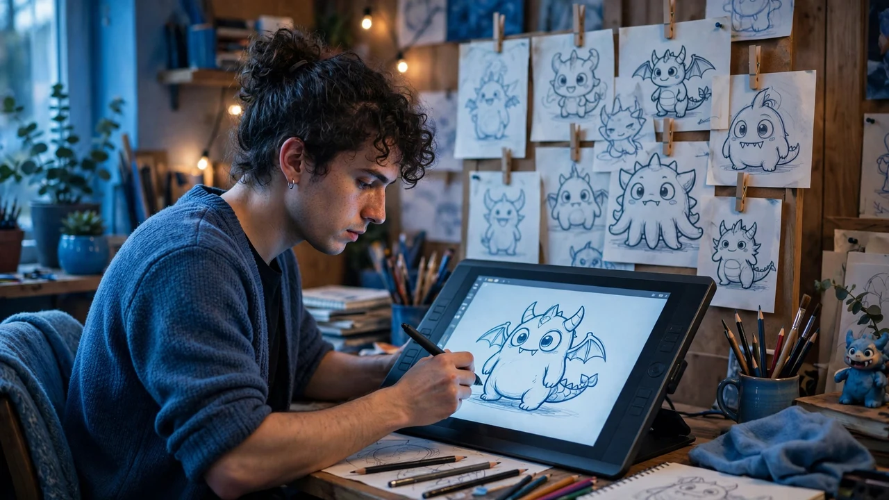 A game artist drawing a creature character by hand on a graphics tablet