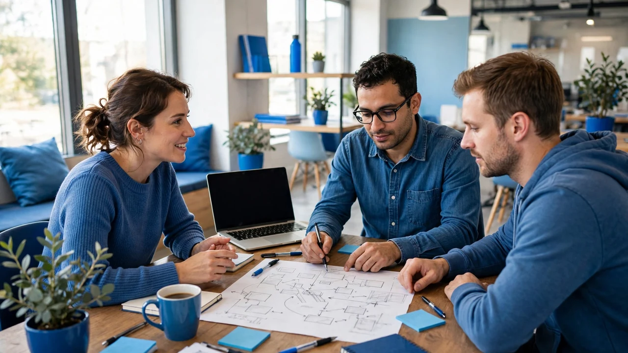 A small startup team discussing a product roadmap around a table