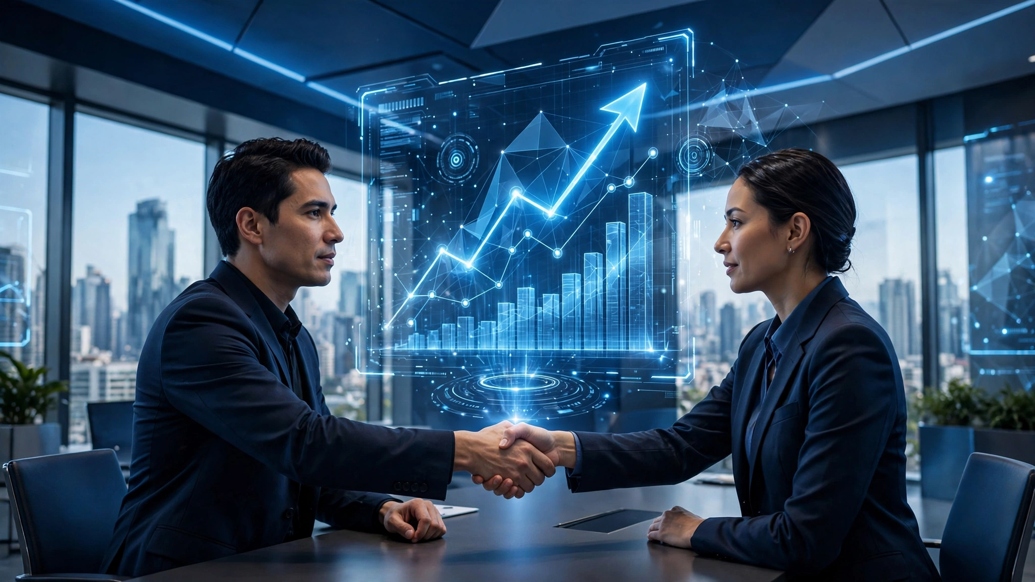 A business handshake under a rising chart hologram in a modern office