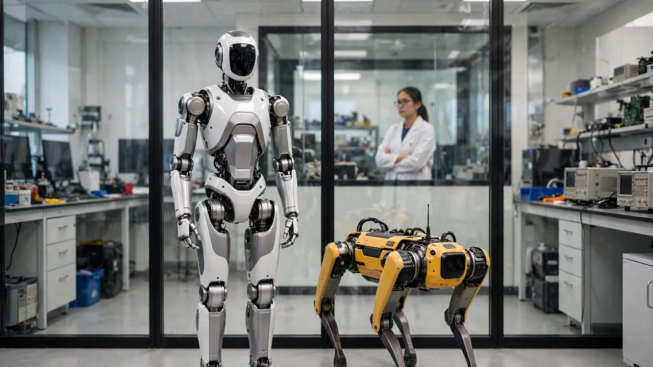 Skild AI Stock: Why There Is No Public Ticker 2 A humanoid robot and a quadruped robot standing in a research lab