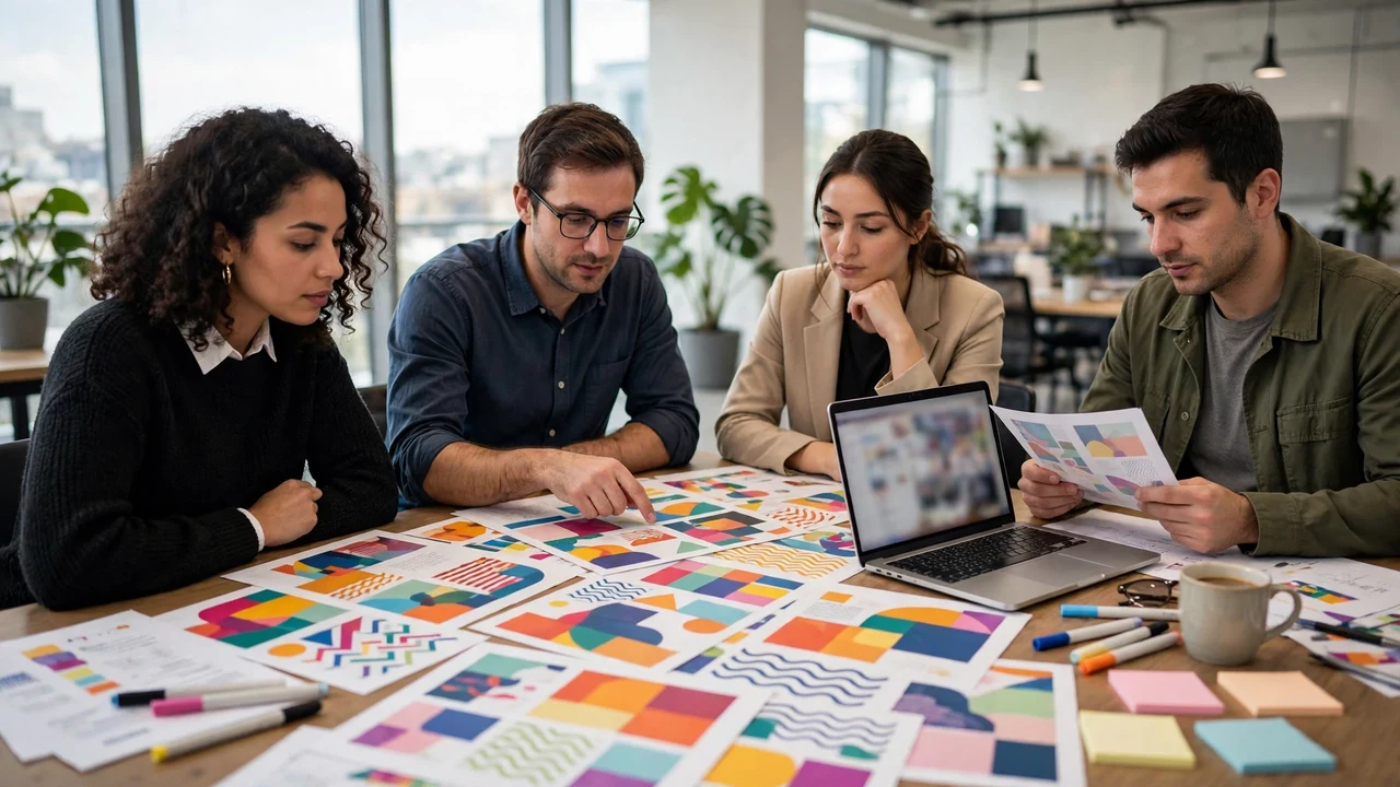 Marketing team reviewing advertisement drafts on a table