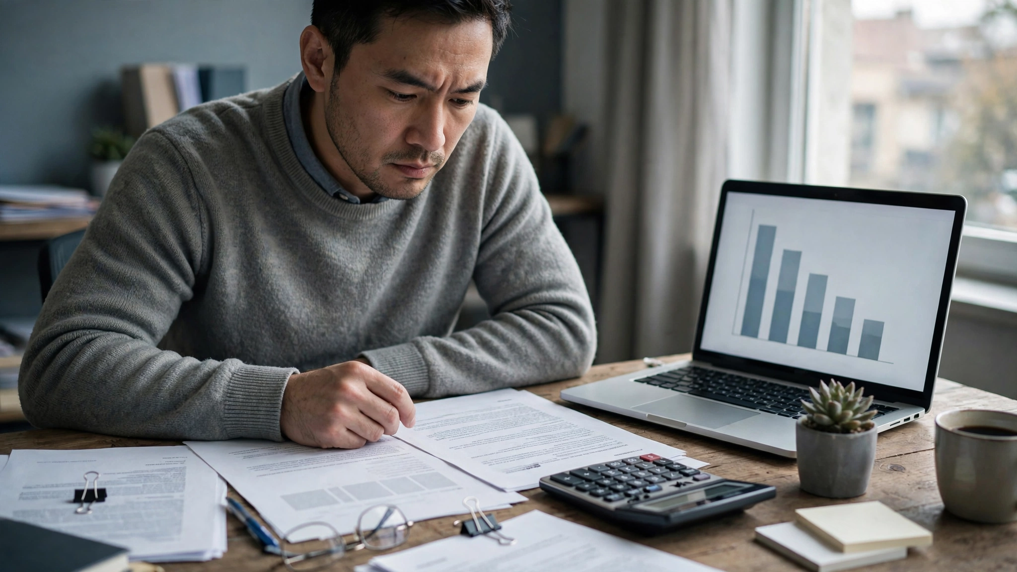 State Farm Mandates AI Usage and Reduces Agent Compensation: What 19,000 Agents Must Sign 2 Agent reviewing contract pages with a calculator and falling bar charts on a laptop