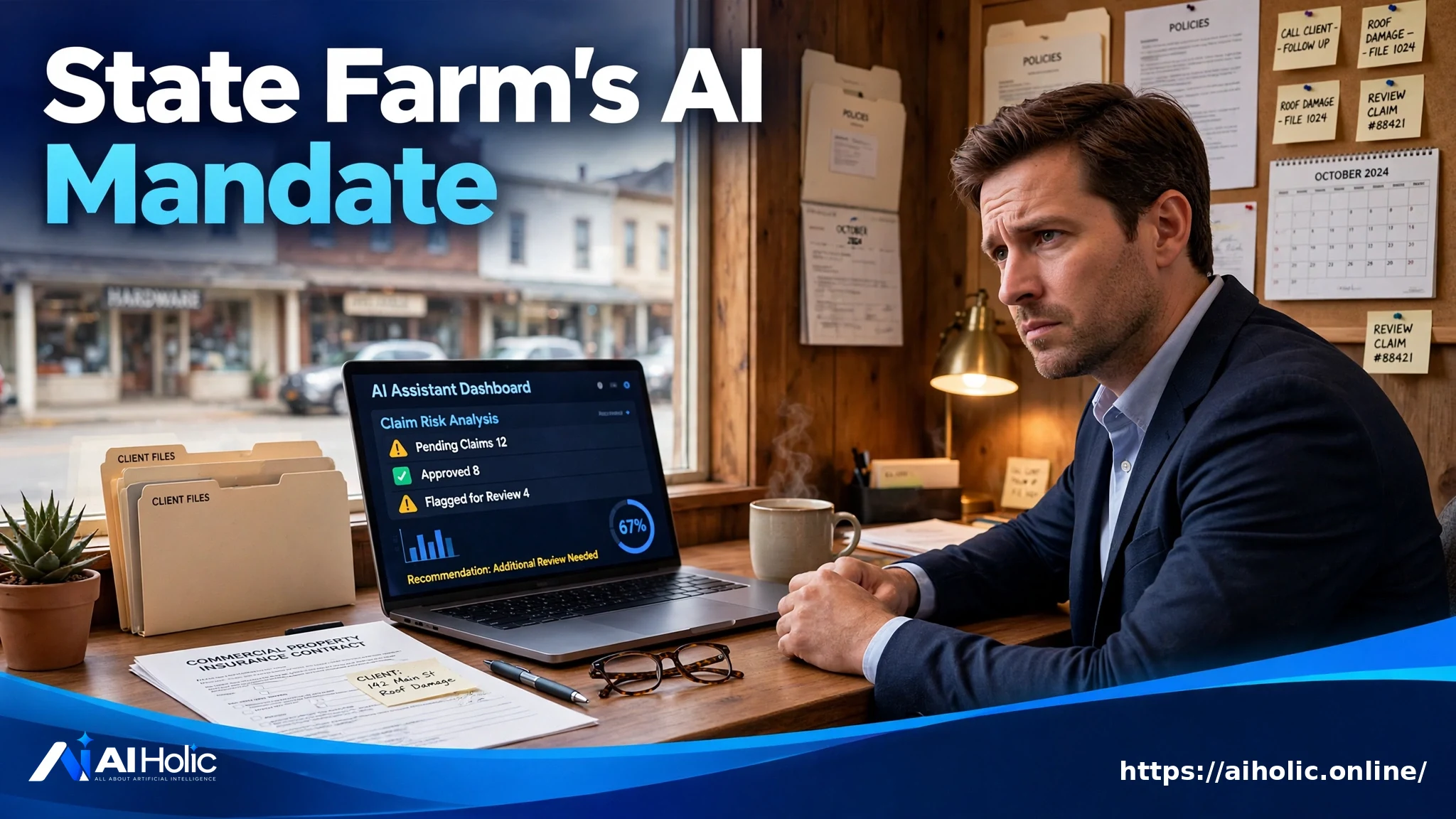 Insurance agent at a desk with an AI assistant dashboard under the headline State Farm's AI Mandate