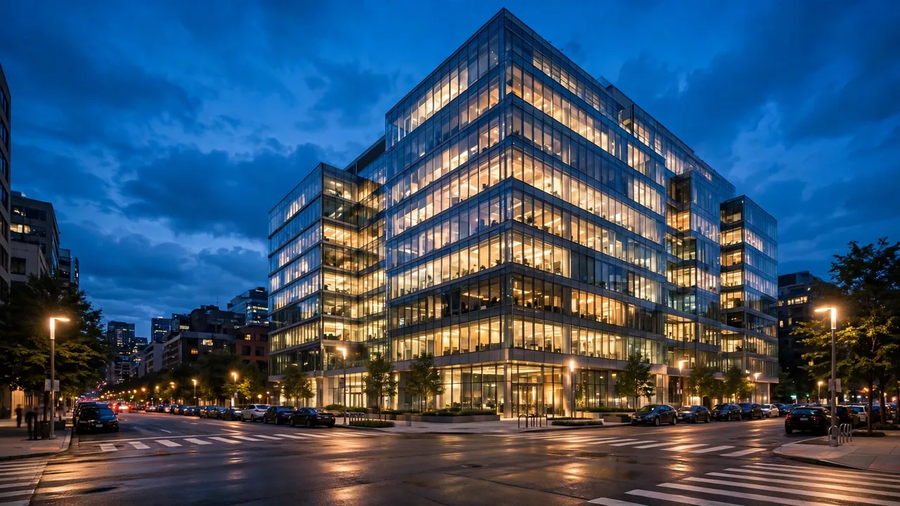 A modern office building at dusk with warm light in the windows