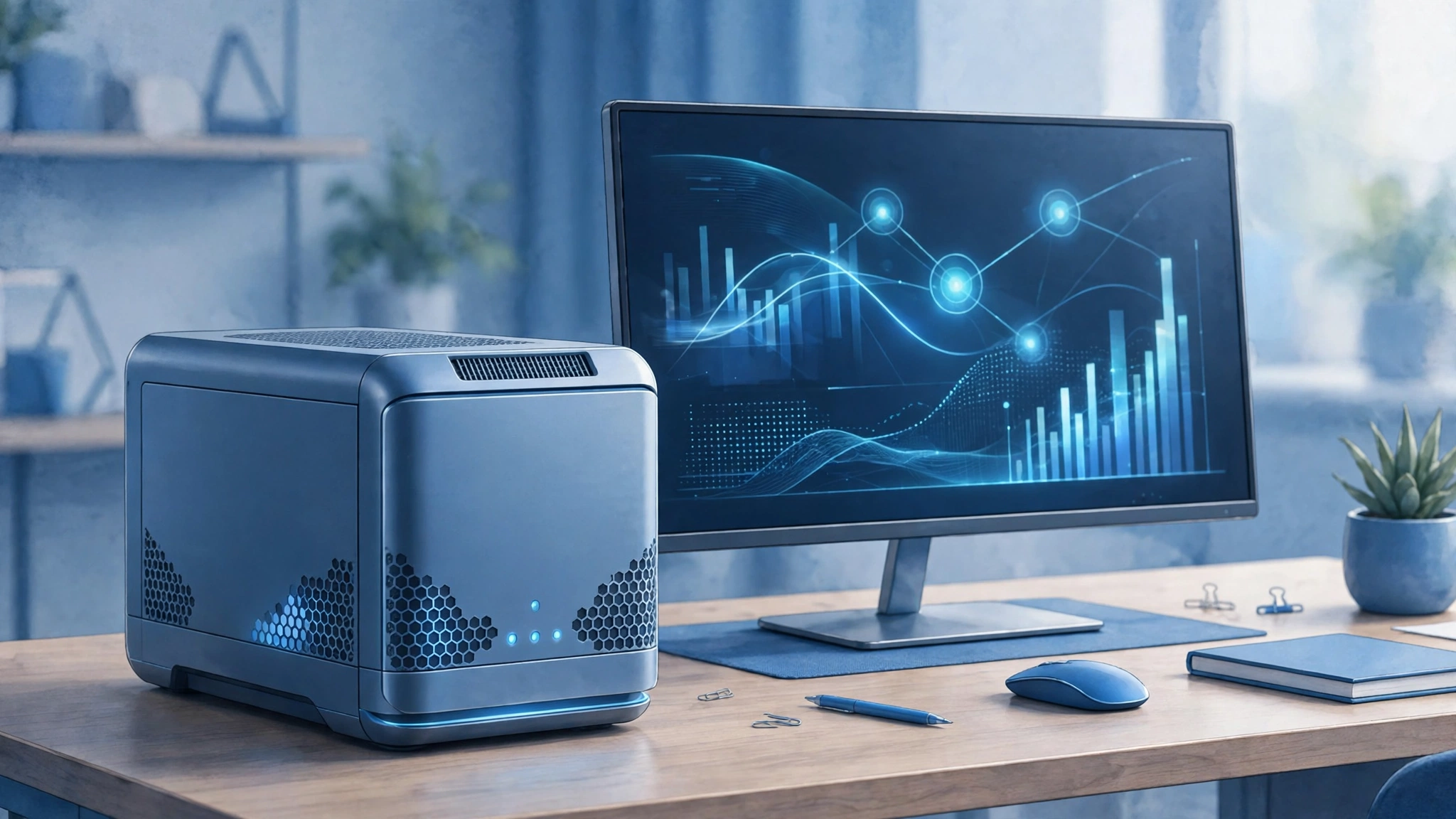 A desktop AI server unit beside a monitor on an office desk